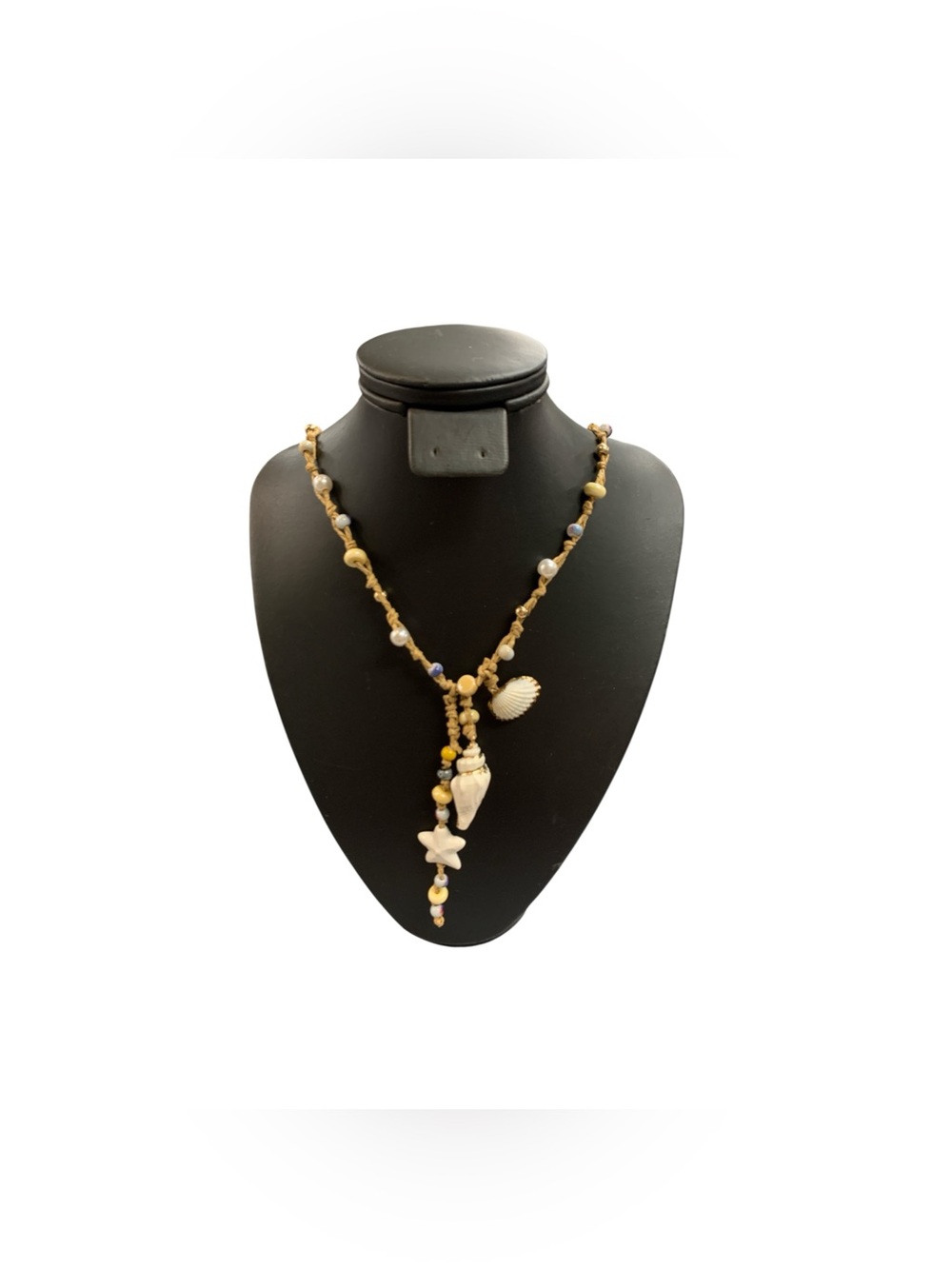 Handcrafted Shell Lariat Necklace in Natural Beige and Blue Accents
